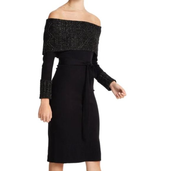 NWT Cuff Knit Black Off the Shoulders midi Dress with Lurex. - Picture 3 of 14